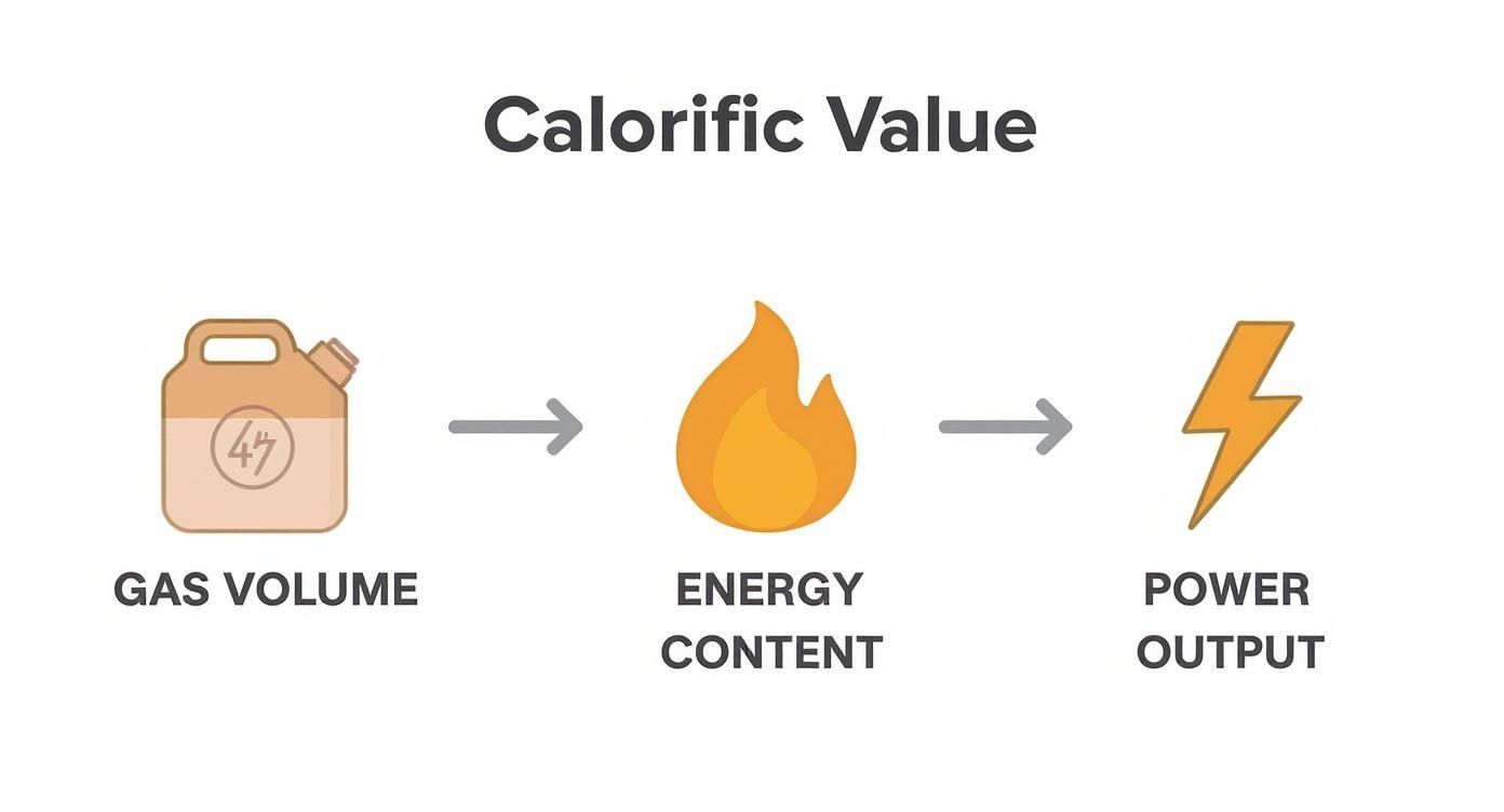 Infographic showing calorific value process: gas volume converts to energy content and then to power output.