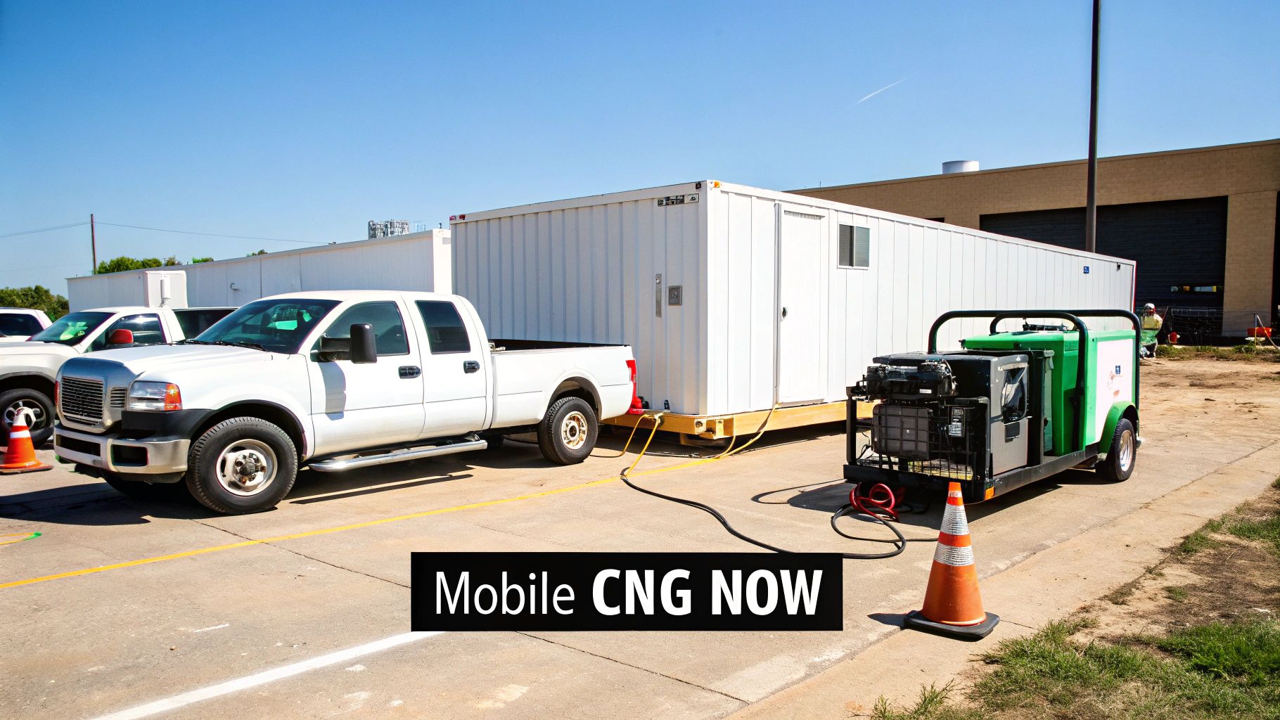 A white pickup truck connected to a mobile CNG fueling station, with a portable building on a sunny day.
