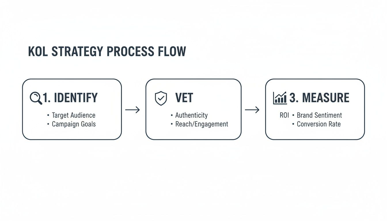 KOL strategy process flow diagram showing steps to identify, vet, and measure key opinion leaders for campaigns. The image alt text is: a process flow diagram outlining the steps to build and measure a successful kol in marketing campaign.