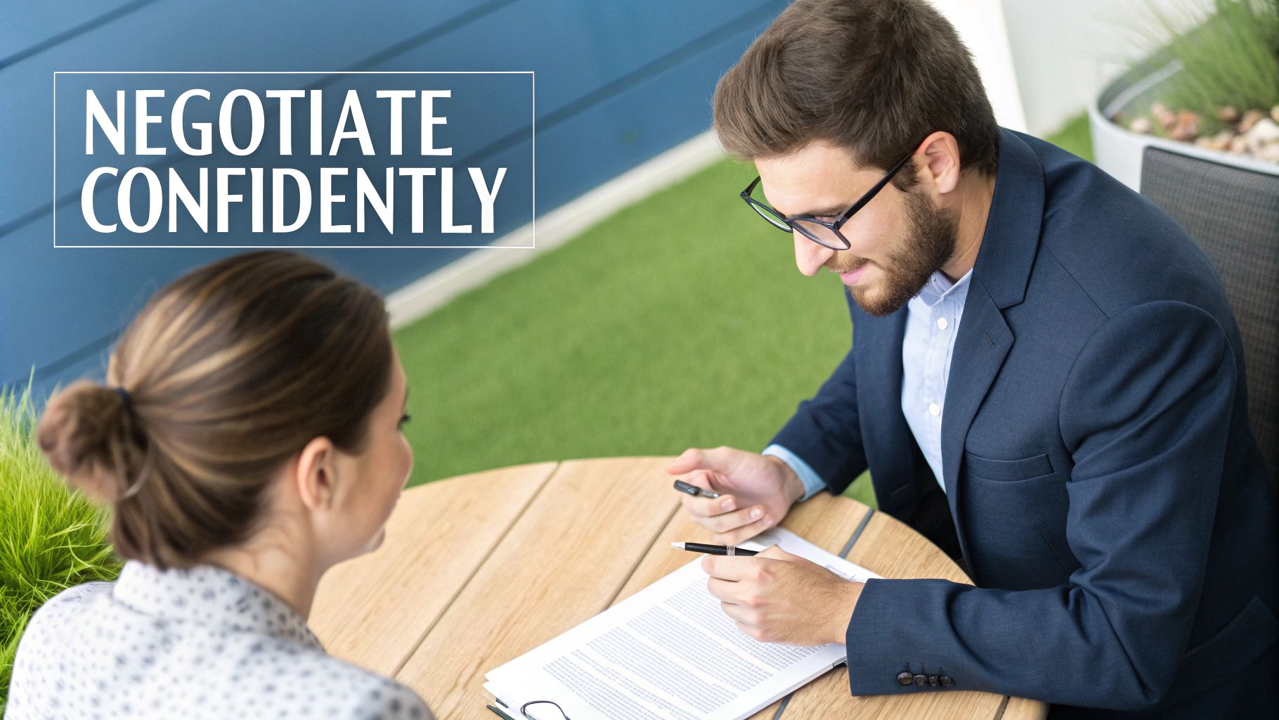 A creator confidently negotiating contract terms with a brand manager across a table.