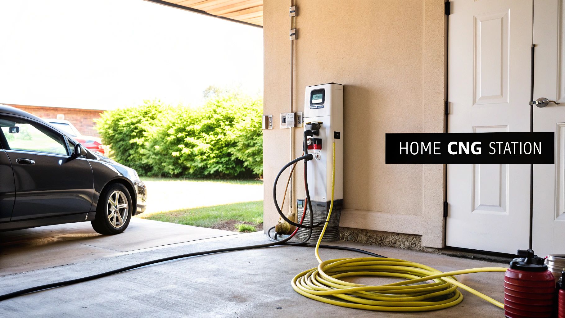 A grey car parked in a garage with a home CNG fueling station on the wall.