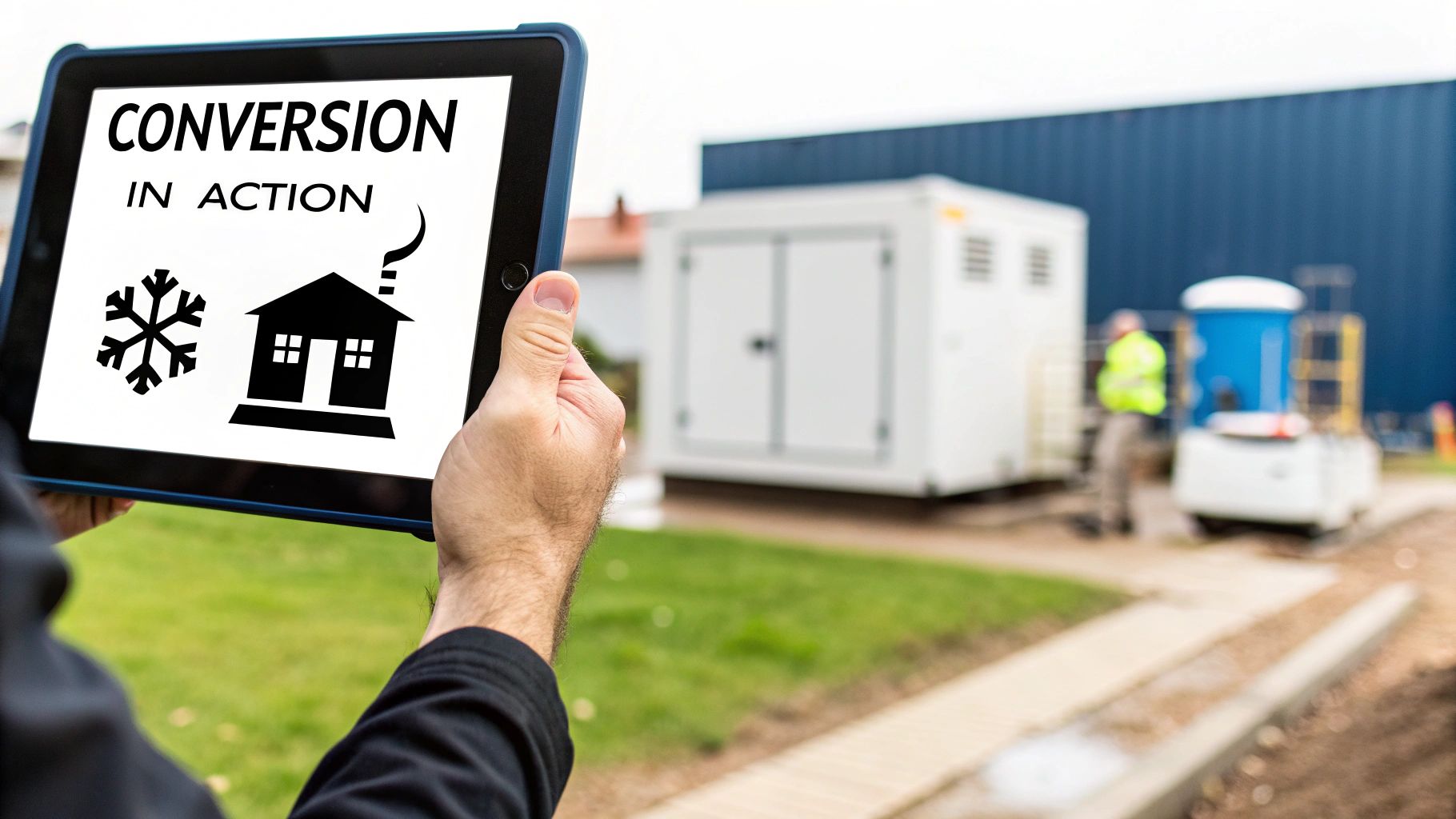 Hands hold a tablet showing 'Conversion in Action' with snowflake and house icons, symbolizing energy transition.