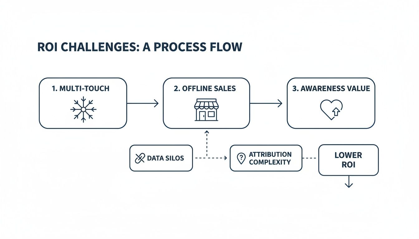 Flowchart illustrating ROI challenges: multi-touch, offline sales, awareness value, data silos, and attribution complexity resulting in lower ROI.