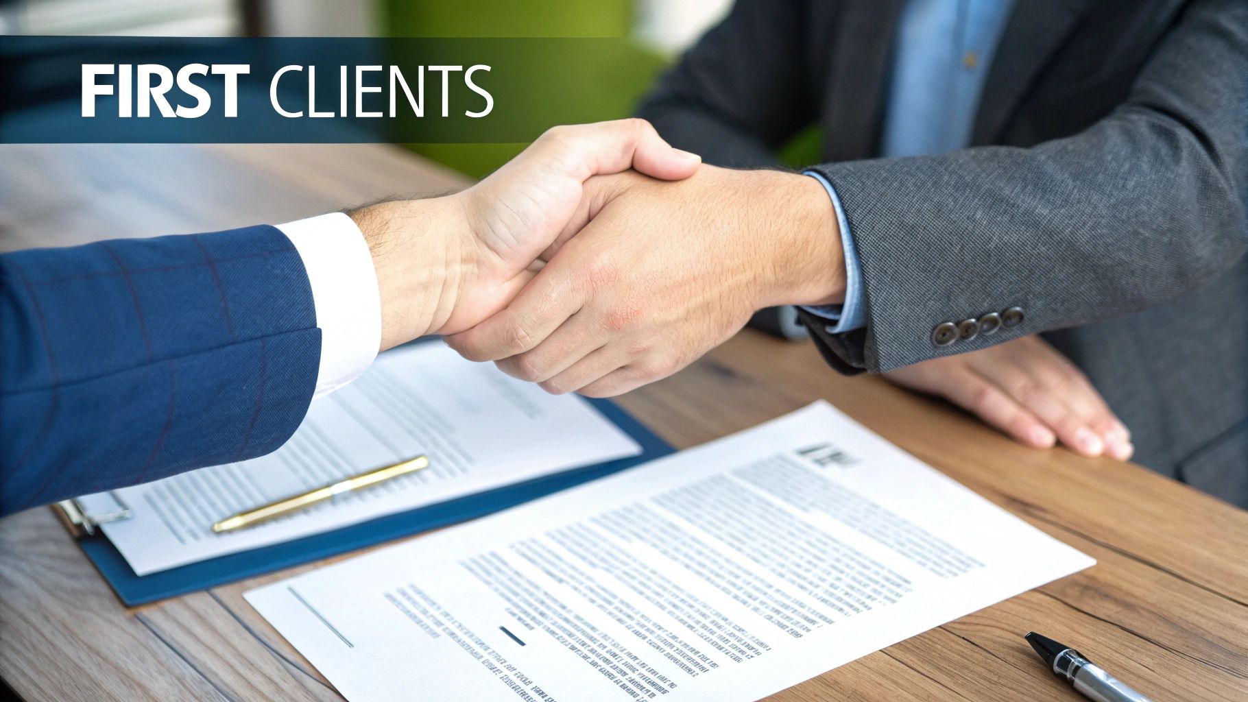 Two professionals shaking hands in a bright, modern office, finalizing a client agreement.