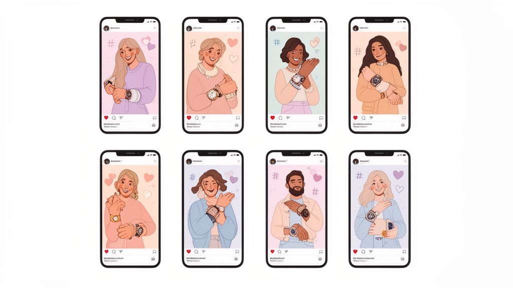 Eight illustrations of diverse individuals displaying various wristwatches on their social media posts.