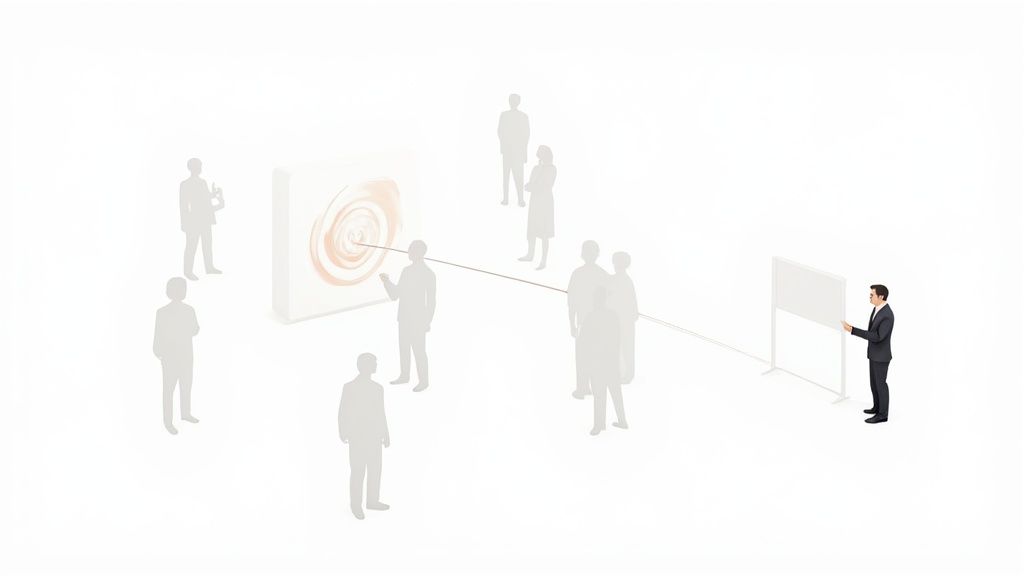 A businessman presents a marketing strategy on a whiteboard to a group of onlookers, connected to a swirl graphic.