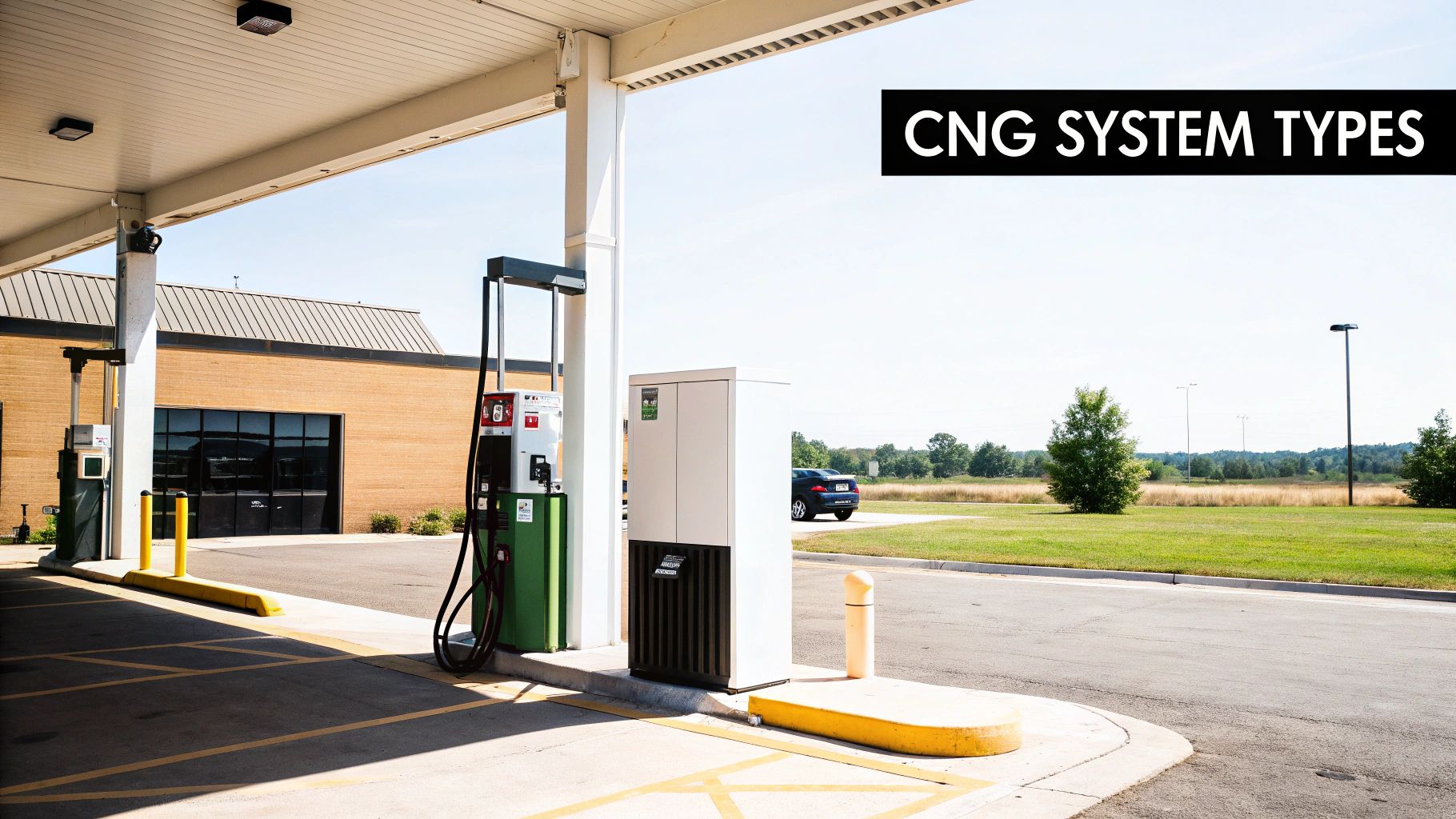 Modern CNG compressed natural gas refueling station with multiple fuel dispensers under covered canopy