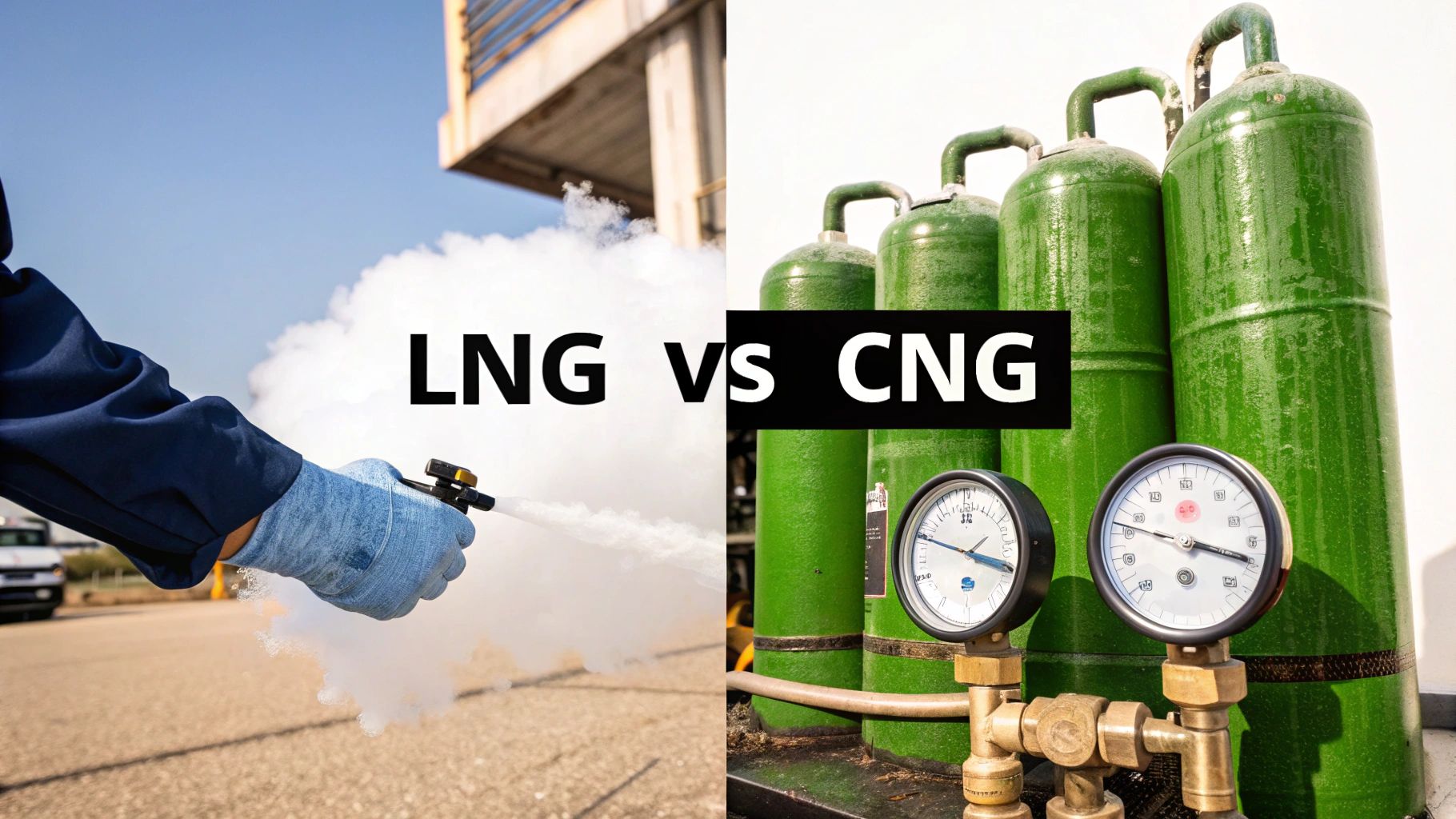 Two industrial workers in safety gear discussing a document next to large natural gas storage tanks.