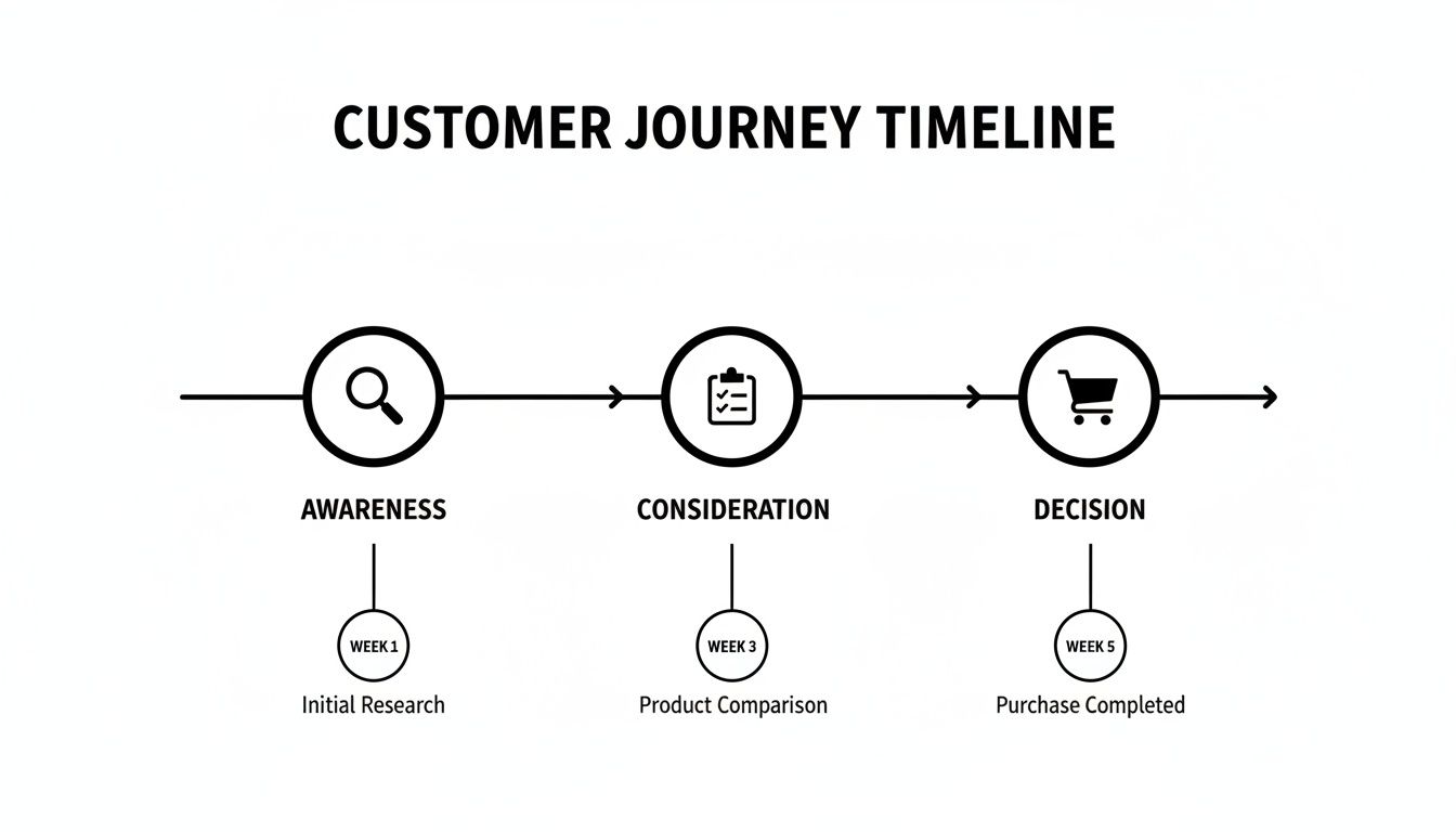 A customer journey timeline displaying stages: Awareness, Consideration, and Decision, with specific tasks and weeks.