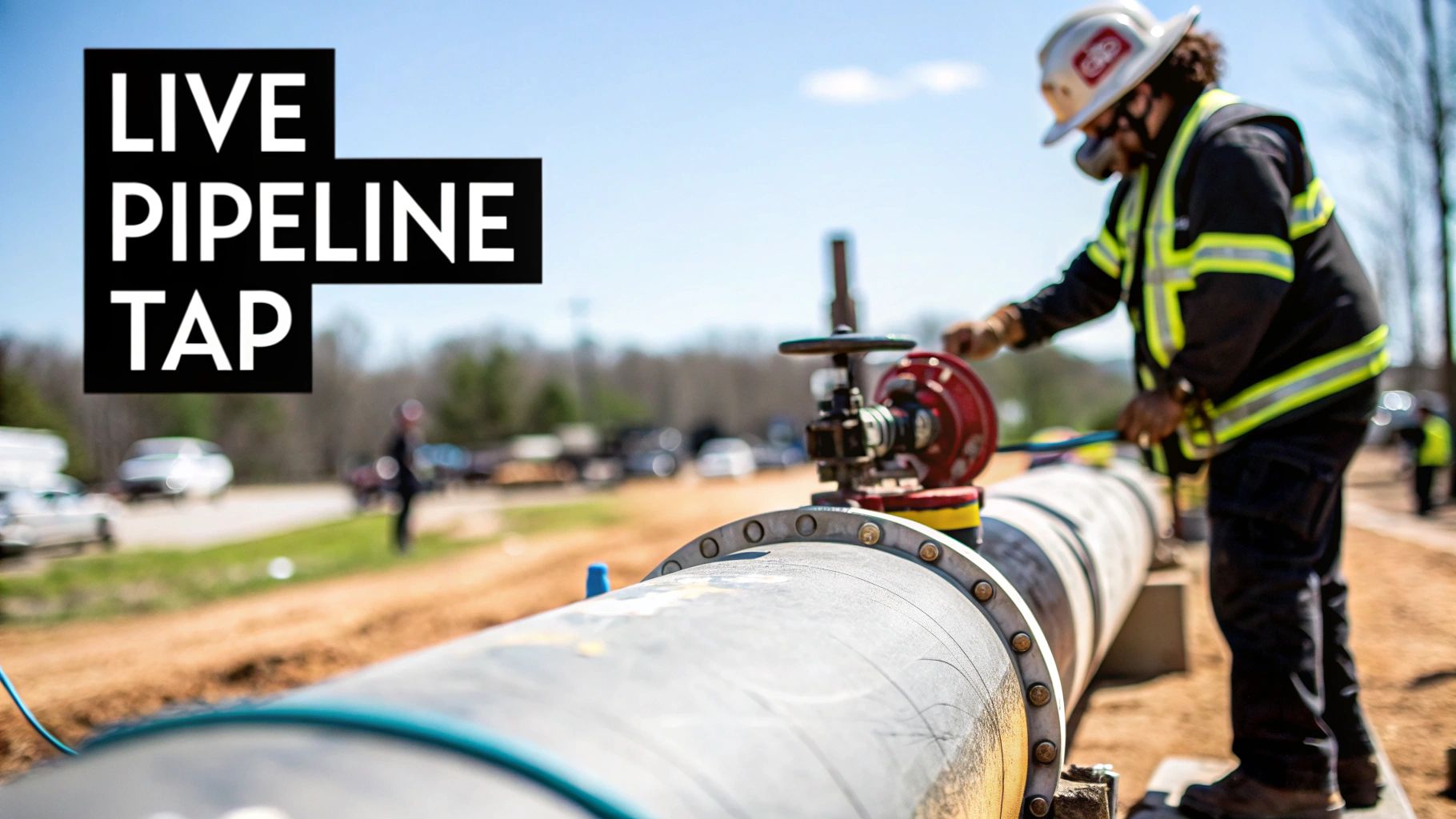 Engineers working on a complex pipeline system, illustrating the hot tapping process in an industrial setting.