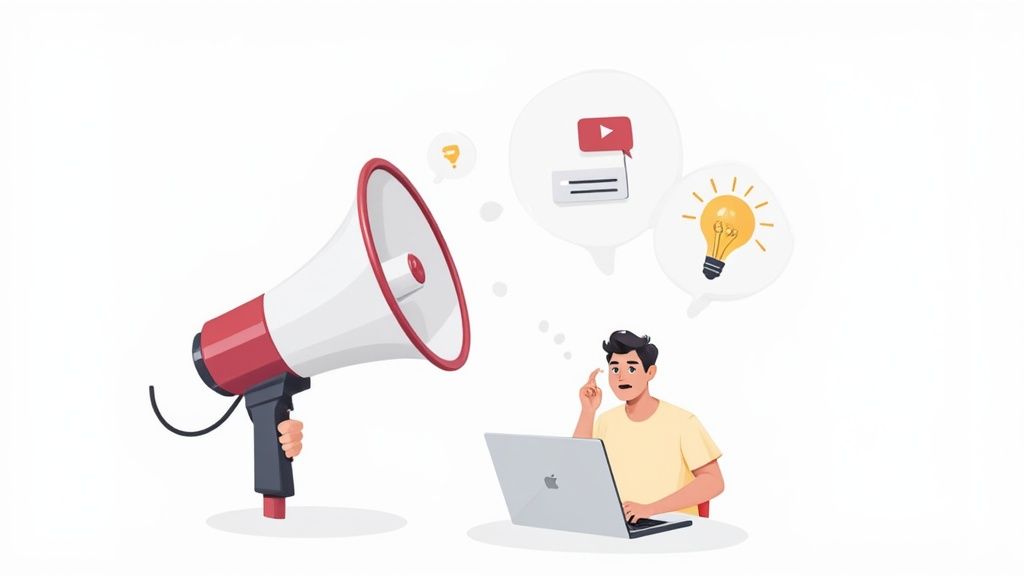 An illustration of a man at a laptop, brainstorming content and marketing ideas with a megaphone.