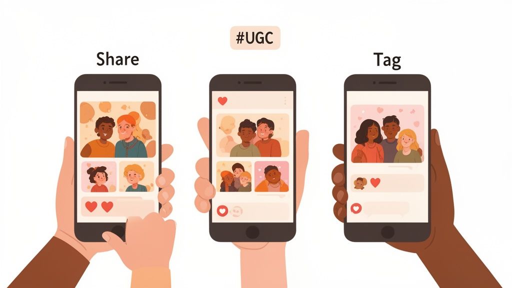 Three hands hold smartphones displaying social media posts for sharing and tagging user-generated content.