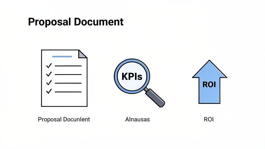 A diagram illustrating business concepts with icons for a proposal document, KPIs, and ROI.