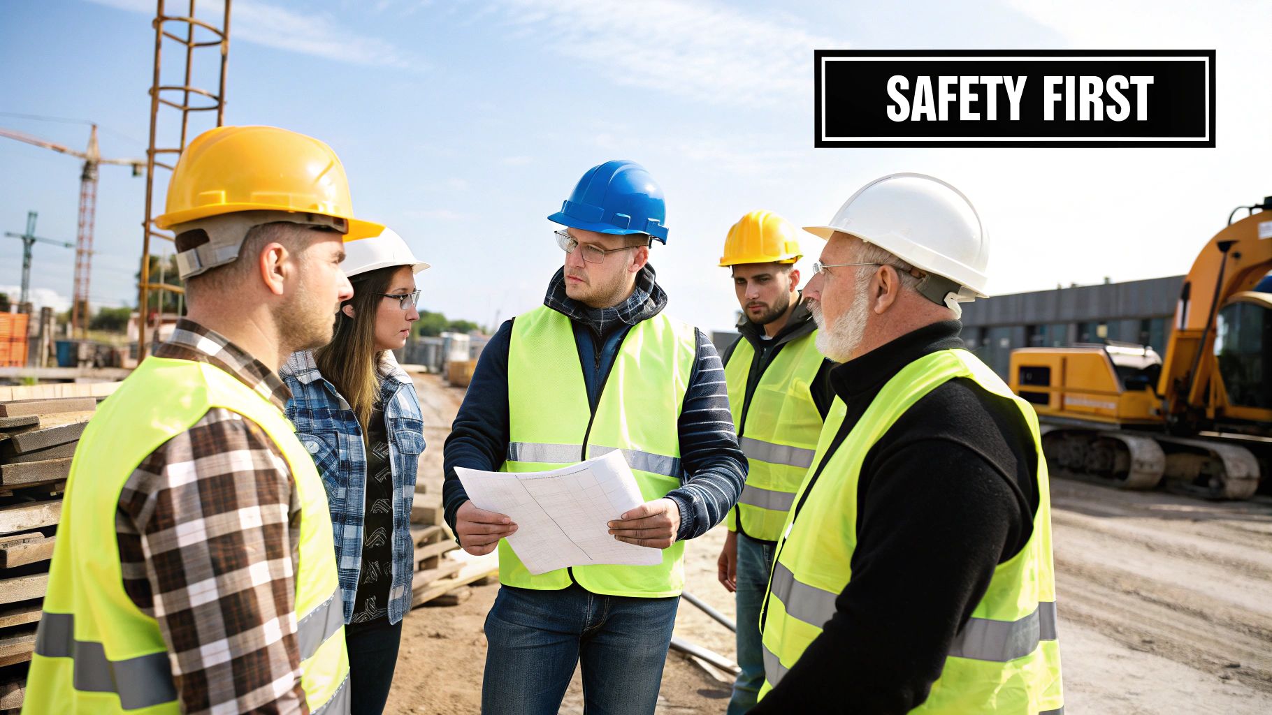 A construction supervisor leading a toolbox talk with workers, reviewing a safety document.