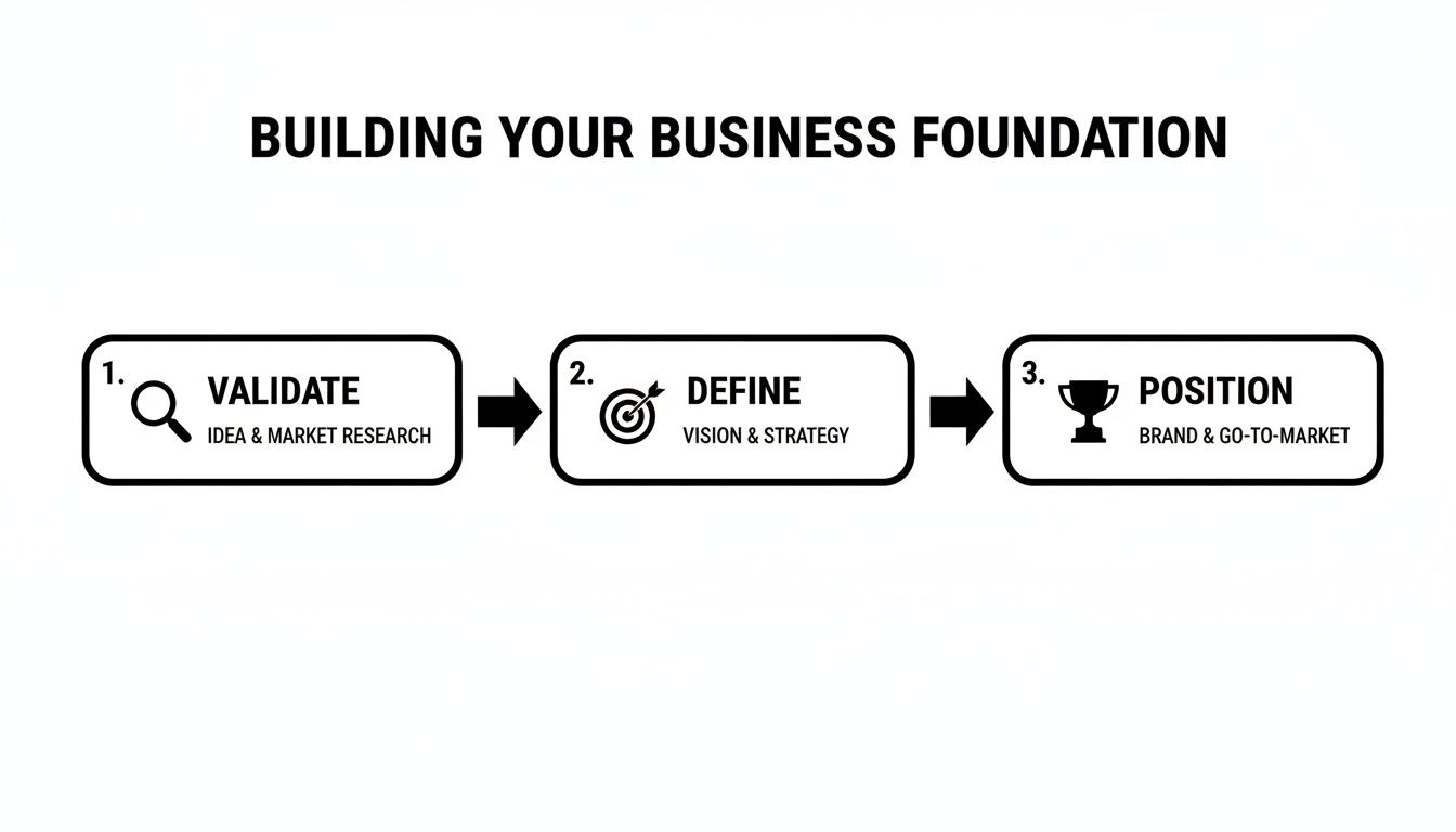 A three-step diagram outlining how to build a business foundation: Validate, Define, and Position.