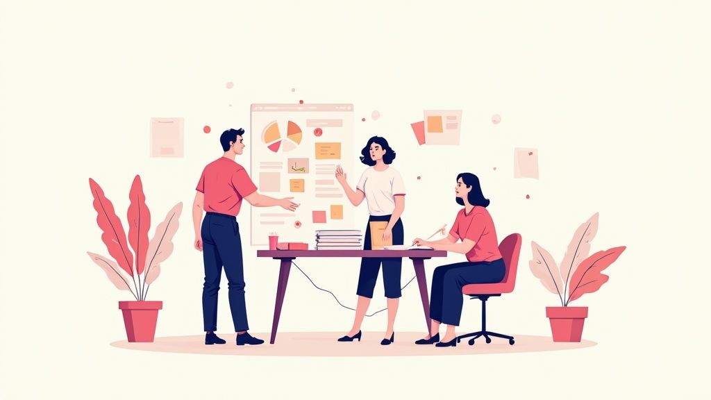 A team collaborating happily in a modern office, representing improved morale and efficiency.