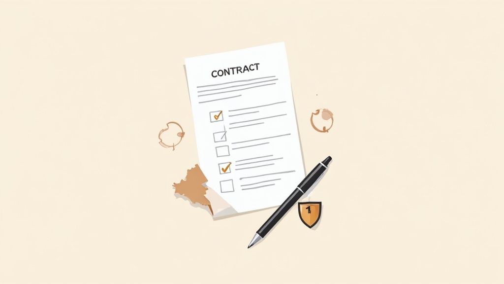 A contract document with checked boxes and a pen, symbolizing the need for legal agreements and avoiding influencer marketing mistakes.