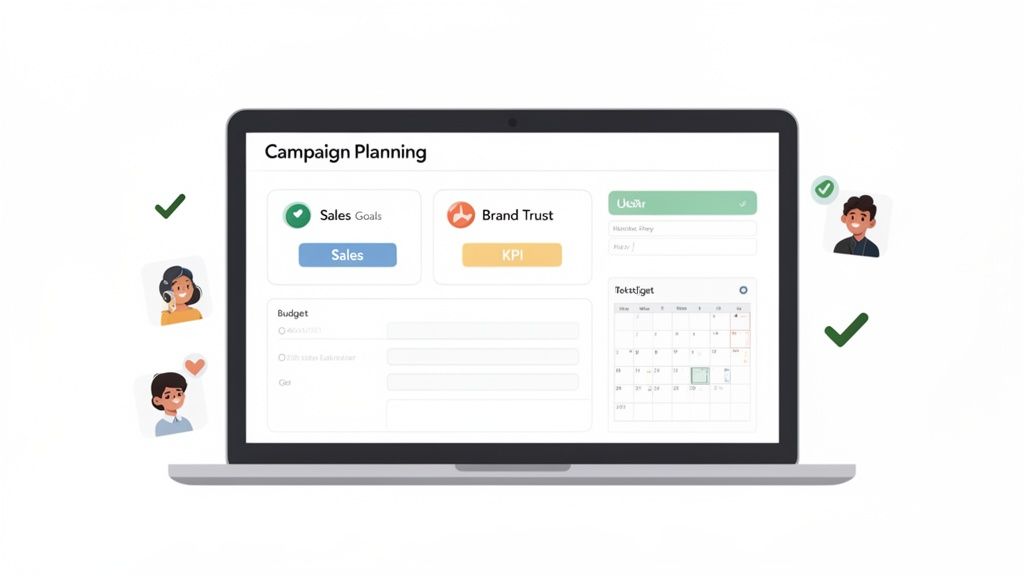 A laptop displays a campaign planning dashboard for social media collaborations with sales goals, brand trust KPIs, budget, and a calendar for scheduling.