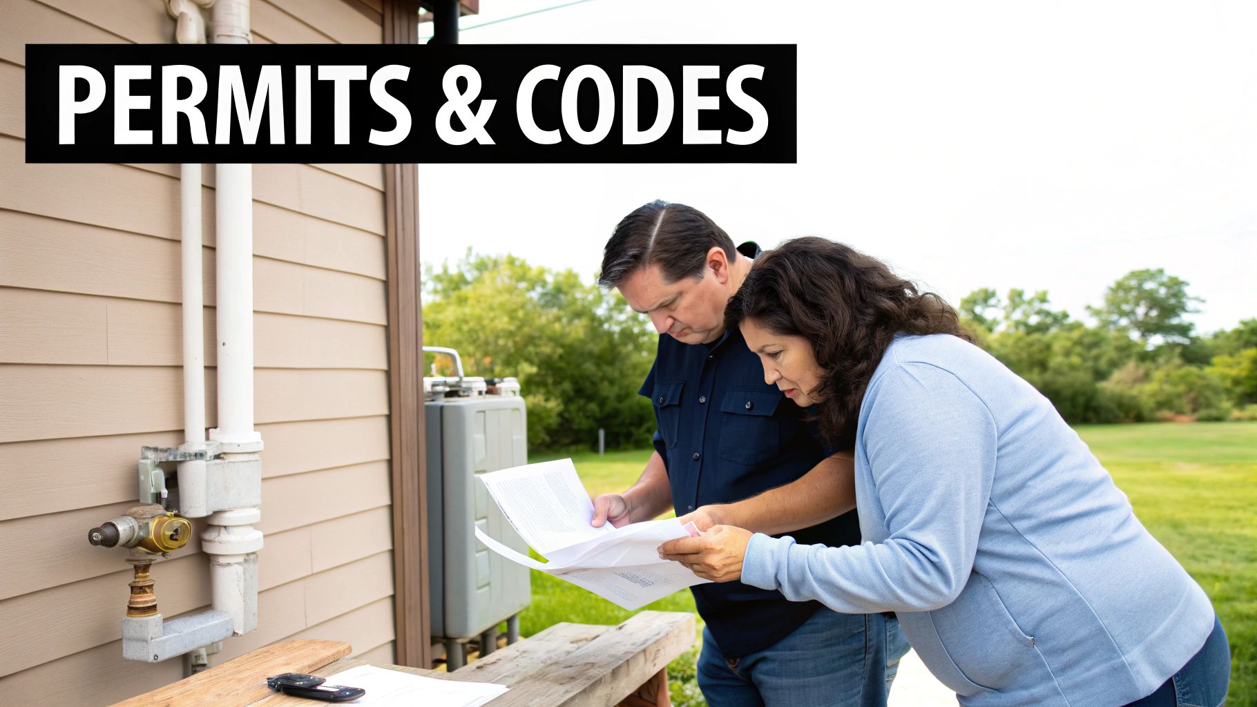 A man and a woman review permits and codes documents outside a house.