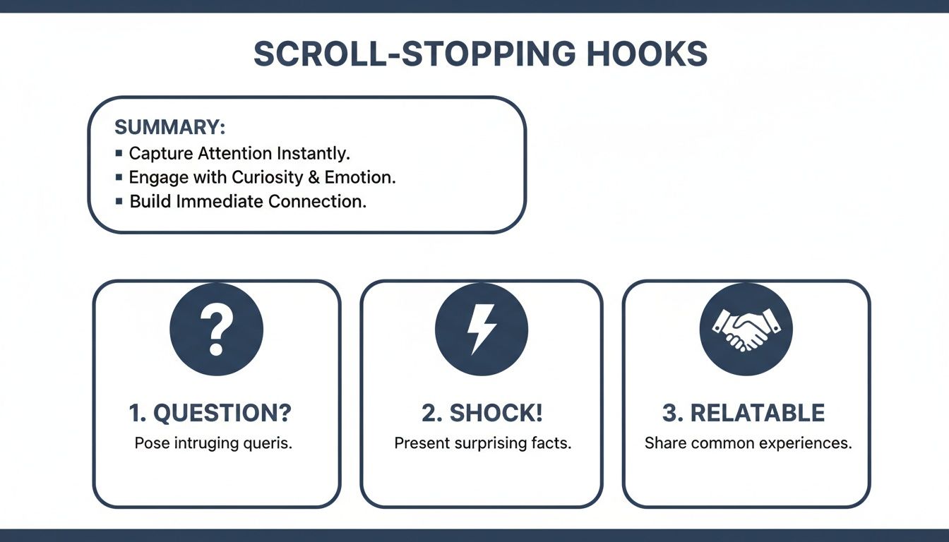 Infographic outlining three scroll-stopping hooks: questions, shock, and relatable experiences for content.