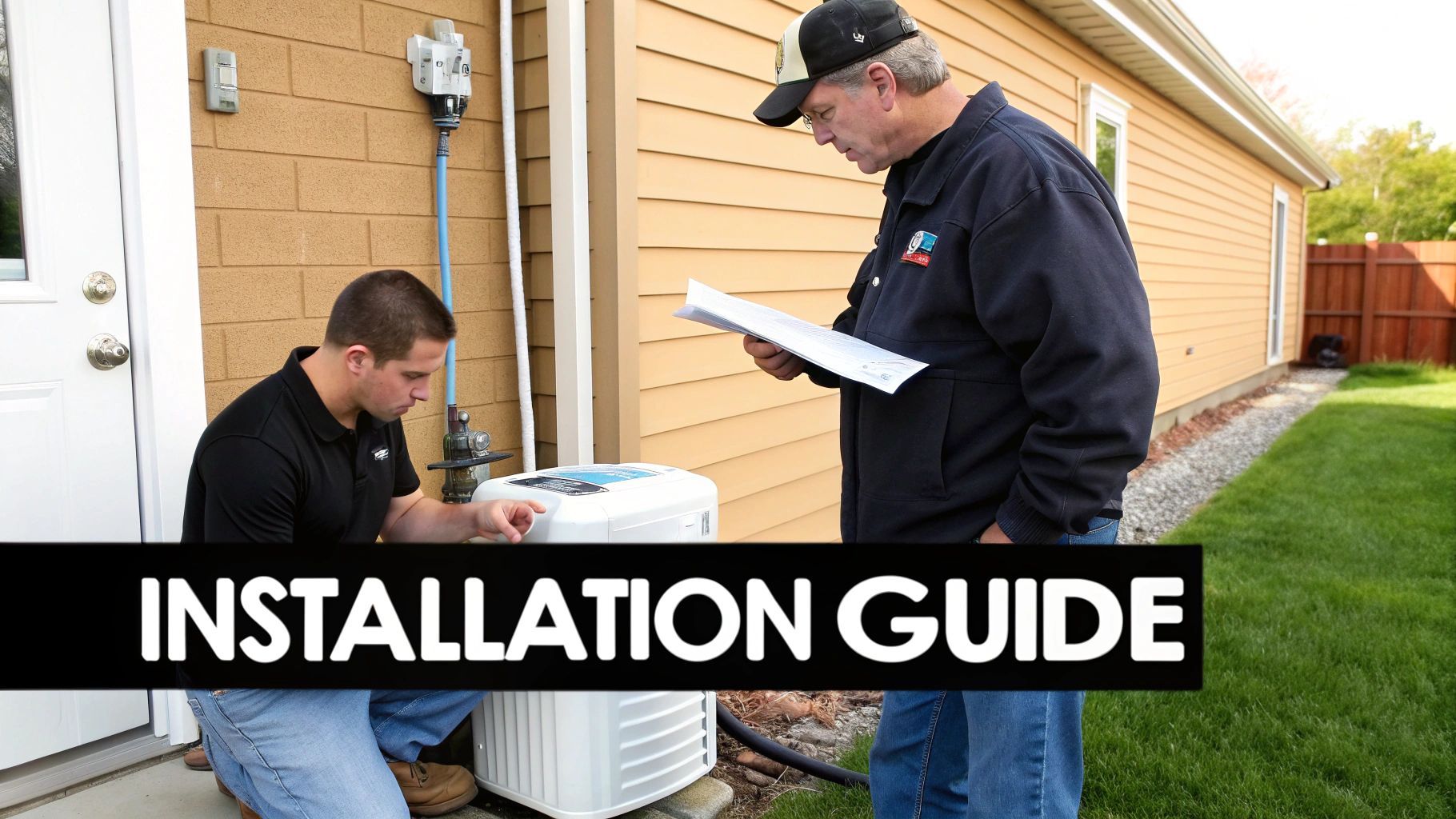 Two technicians install a white home refueling station outside a house, referencing an installation guide.