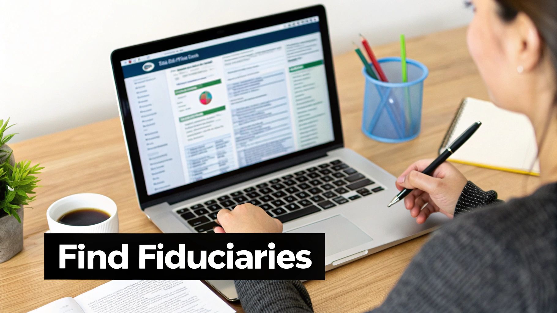 A person works at a wooden desk with a laptop displaying financial data and takes notes in a notebook.