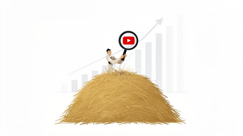 Person on hay bale searching with magnifying glass showing YouTube logo, a key part of finding YouTube influencers, against a background of upward growth.