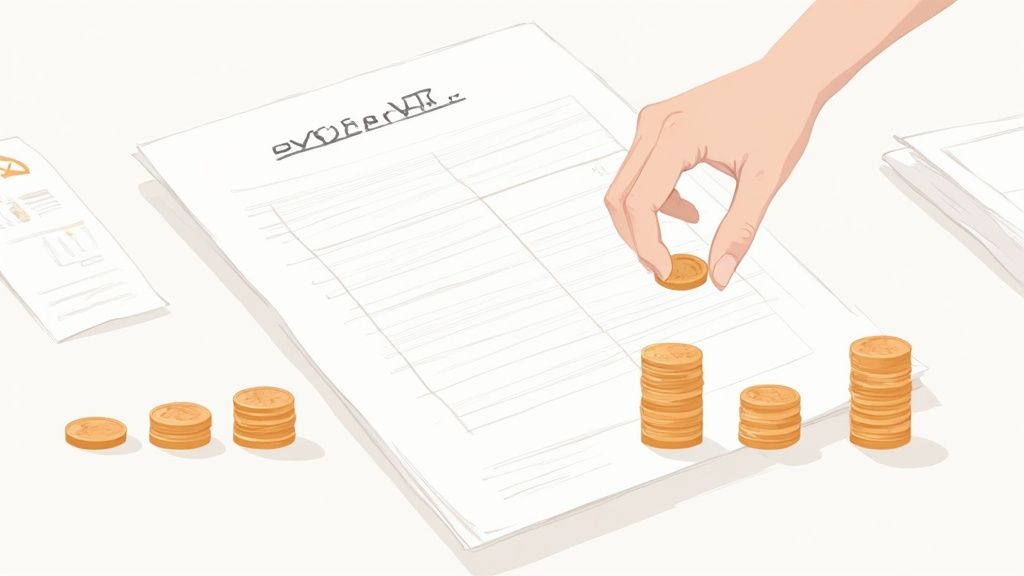 A hand stacks gold coins on a table next to financial documents, symbolizing budget growth.