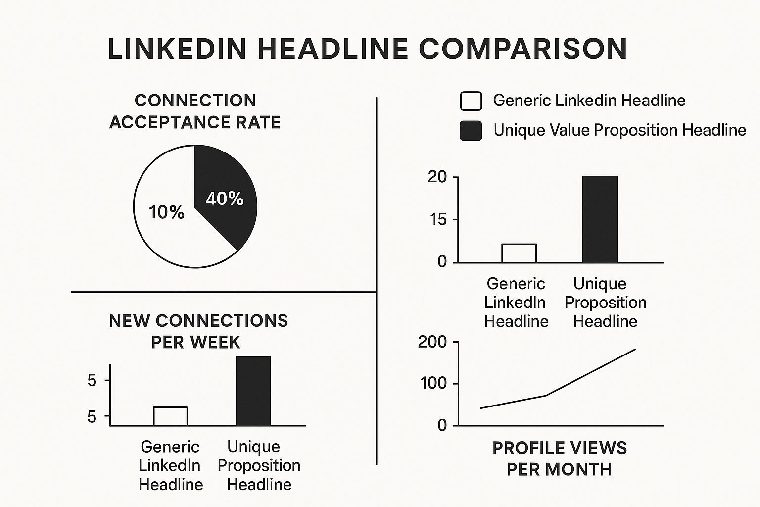 Infographic comparing generic vs. unique value proposition headlines, showing higher connection acceptance rates, more new connections, and increased profile views.