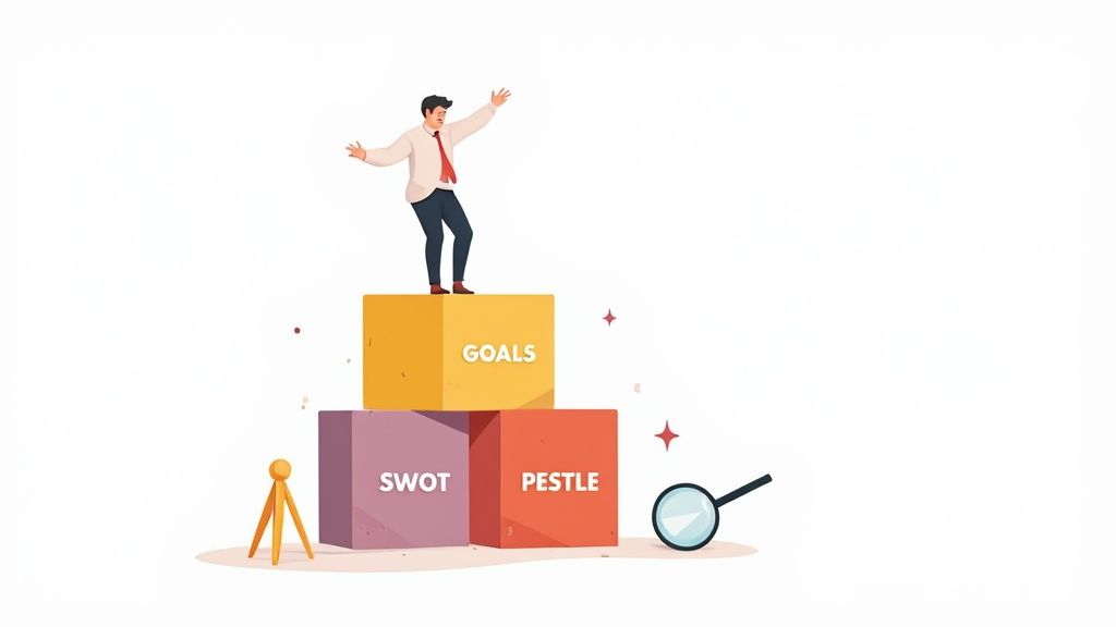 A diagram showing the PEST analysis categories: Political, Economic, and Technological.