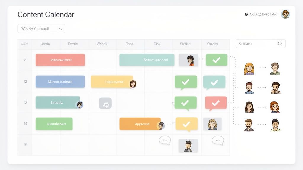 A digital content calendar is a critical tool for executing a product launch marketing plan, showing weekly tasks, assignments, and approvals.