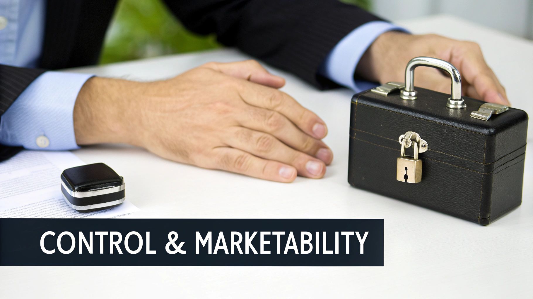 Businessman's hands near a small locked black briefcase, representing control and marketability.