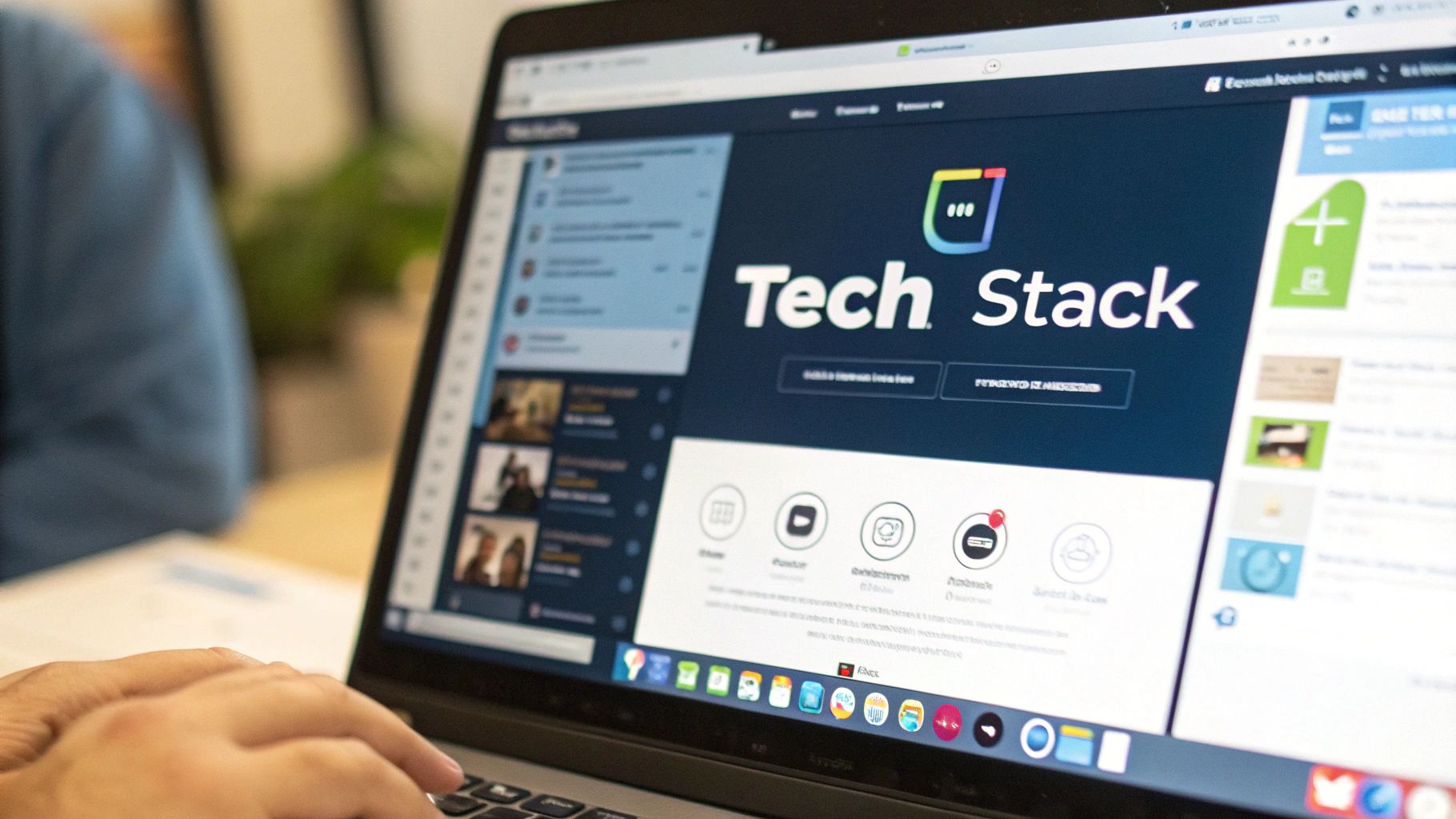 A clean, modern desk setup with a laptop displaying social media analytics, a smartphone, and a notepad, representing an organized agency tech stack.