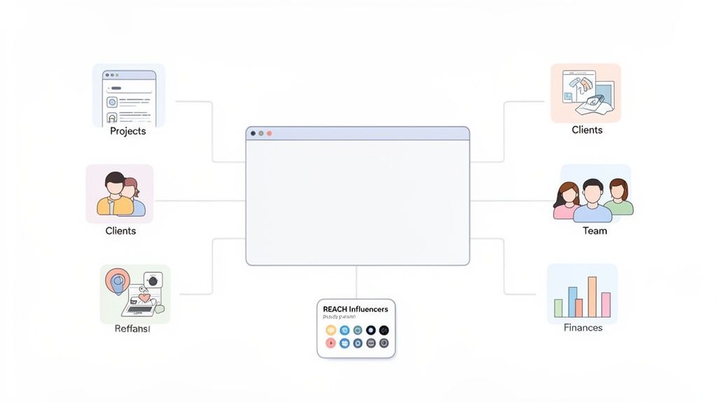 A digital agency management software interface connecting modules for projects, clients, team, finances, and influencers.