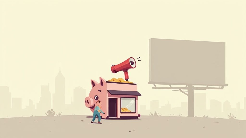 Illustration of a person pushing a shop-piggy bank with a megaphone towards a blank billboard.