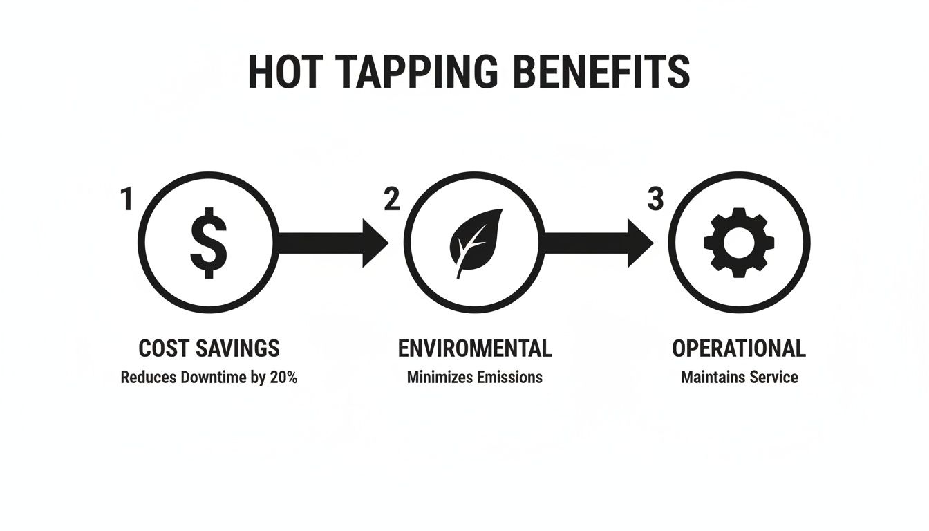 A diagram illustrates hot tapping benefits: cost savings, environmental impact, and operational efficiency.