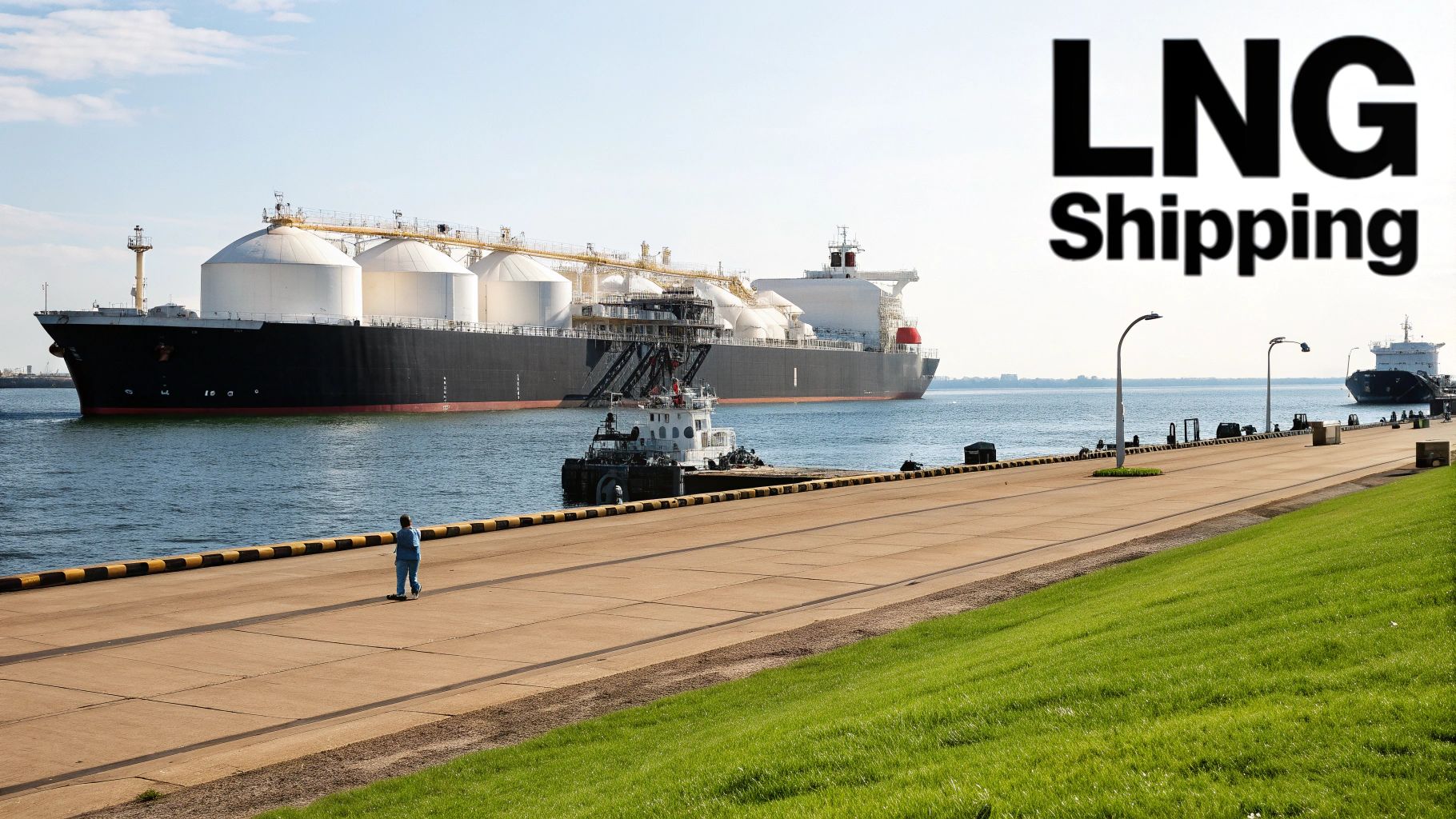 An LNG carrier ship at a terminal, illustrating the global transport of natural gas