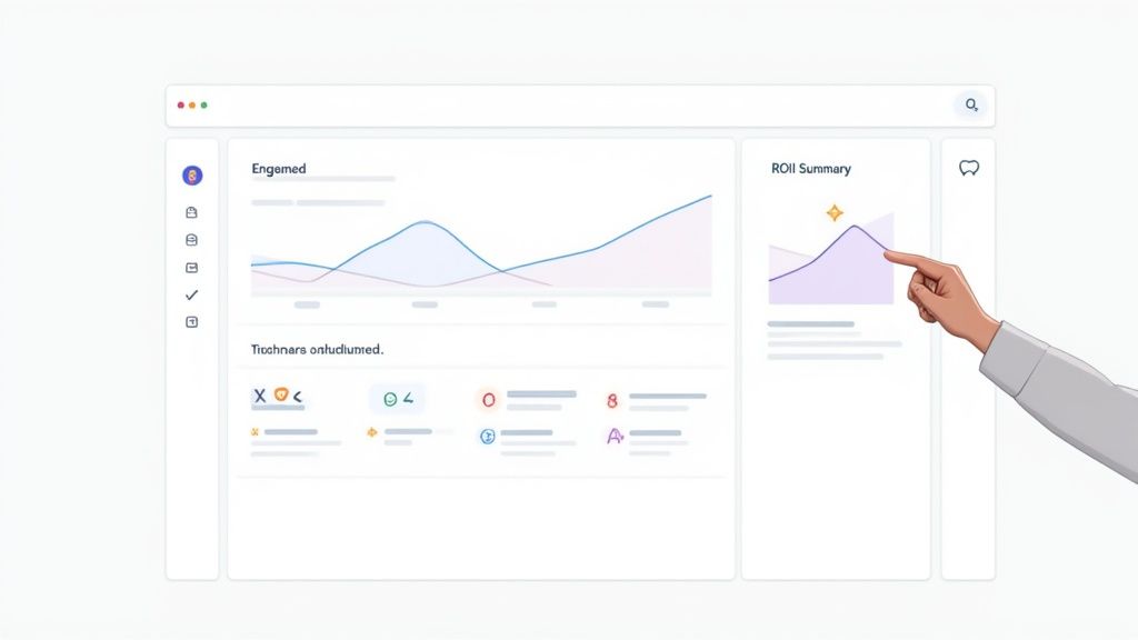 A hand interacting with a digital dashboard showing how to measure influencer engagement and ROI with graphs and charts.
