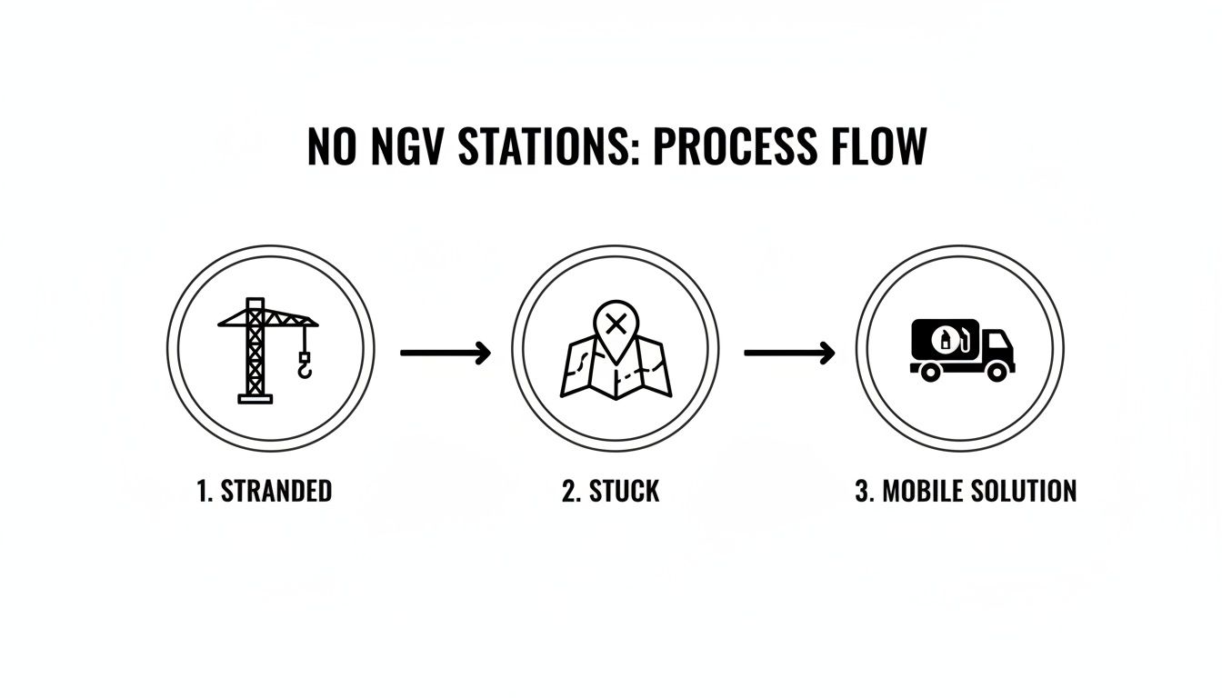 A process flow illustrating being stranded without NGV stations and a mobile fuel solution.