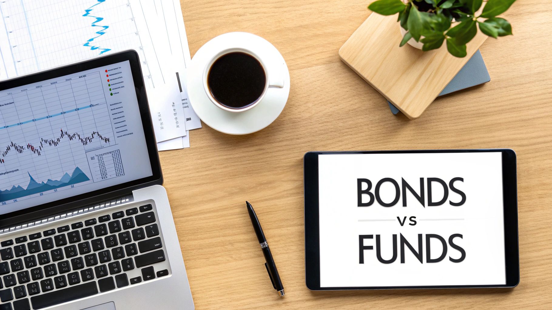 Overhead view of a modern financial workspace with a laptop, tablet displaying 'Bonds vs Funds', coffee, and plant.