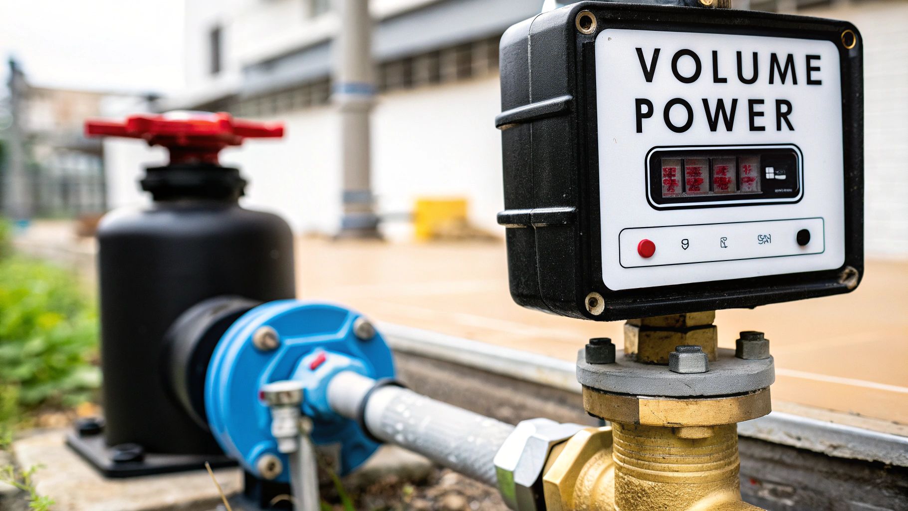 A close-up of a 'VOLUME POWER' meter with a digital display attached to a brass pipe.