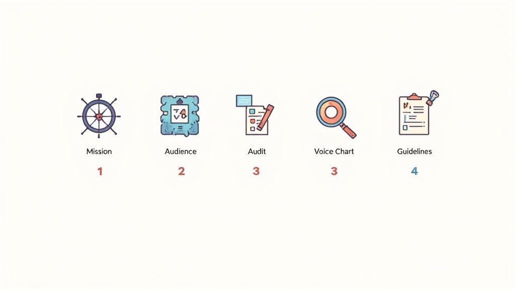A person at a desk drawing a flowchart that connects brand values to audience profiles, representing a strategic approach to voice development.