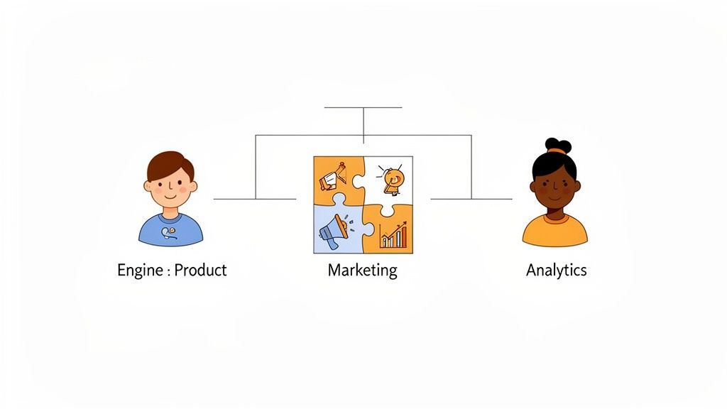 A diagram showing Product, Marketing (puzzle icon), and Analytics teams connected, depicting business collaboration.