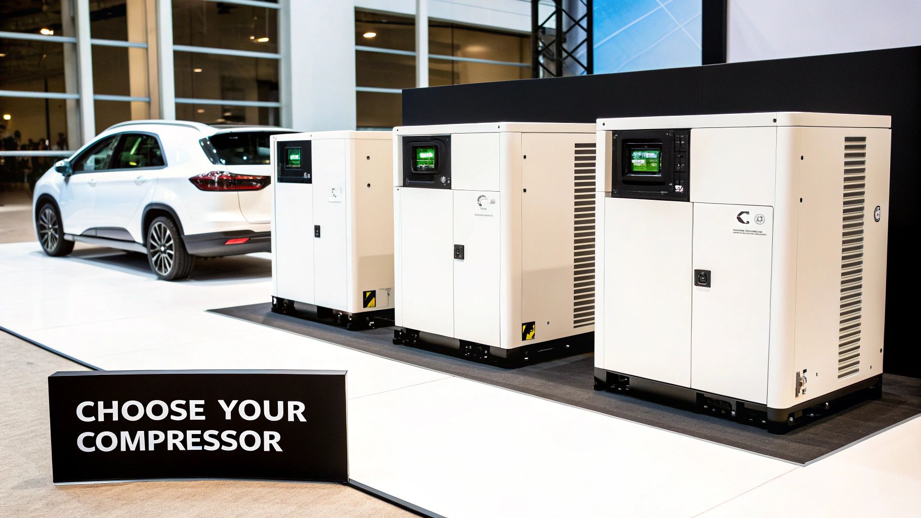 Three white industrial compressors and a white SUV displayed in a showroom with a 'Choose Your Compressor' sign.