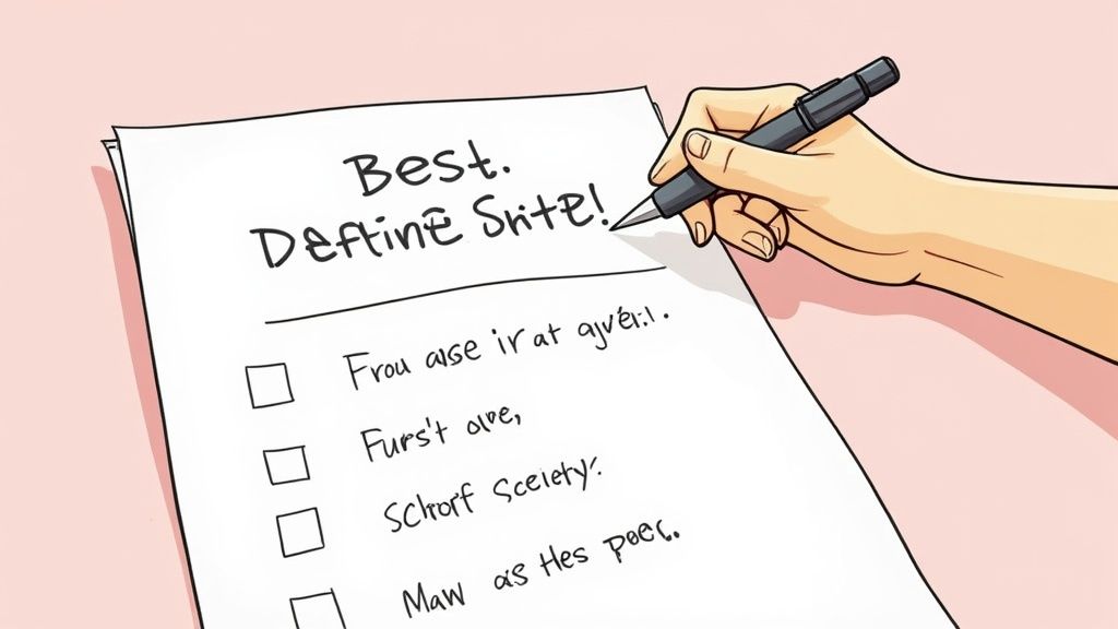 A person typing on a laptop with creative icons and text bubbles floating around, symbolizing copywriting.