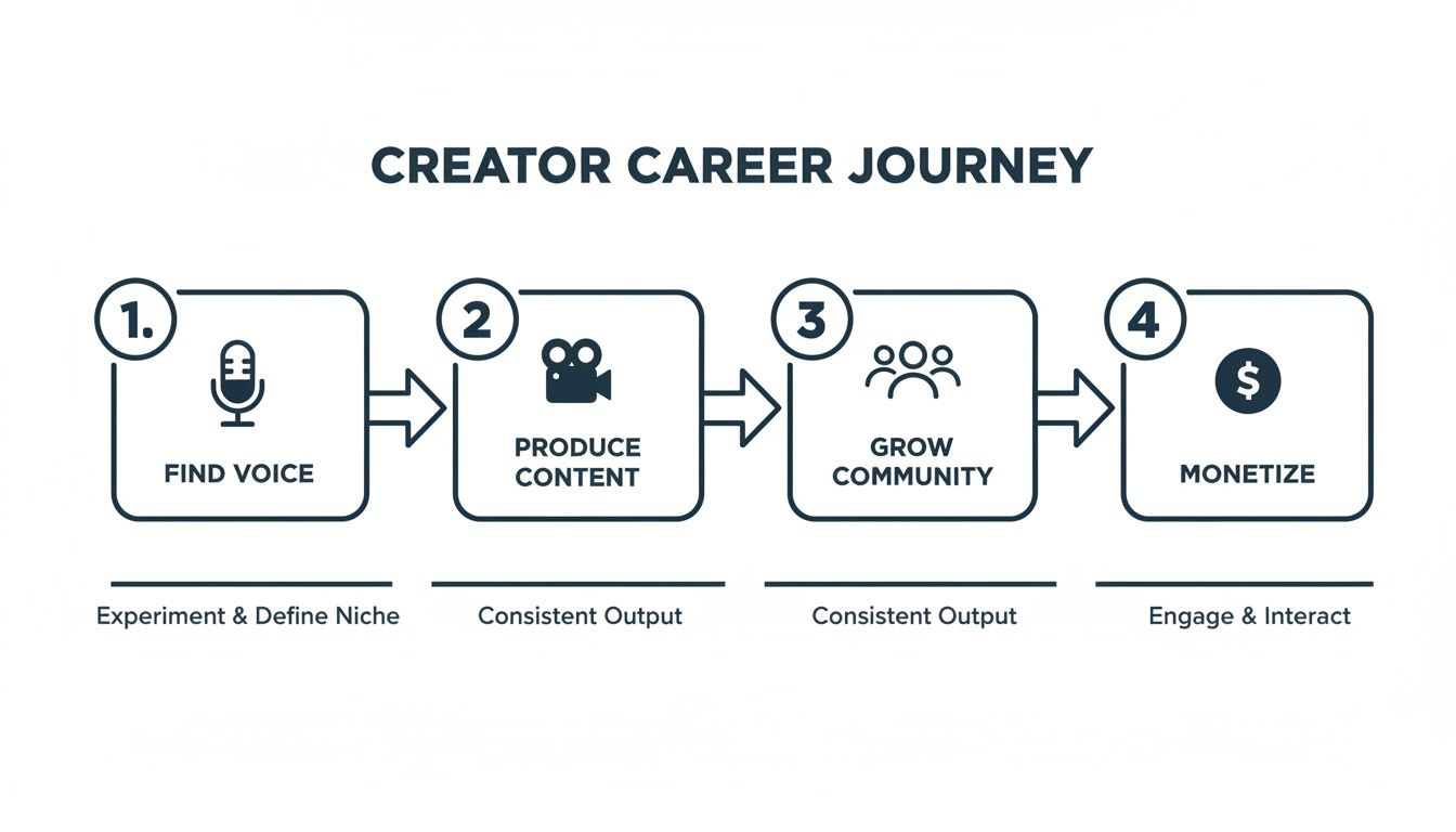 A creator career journey flowchart with four steps: Find Voice, Produce Content, Grow Community, and Monetize.
