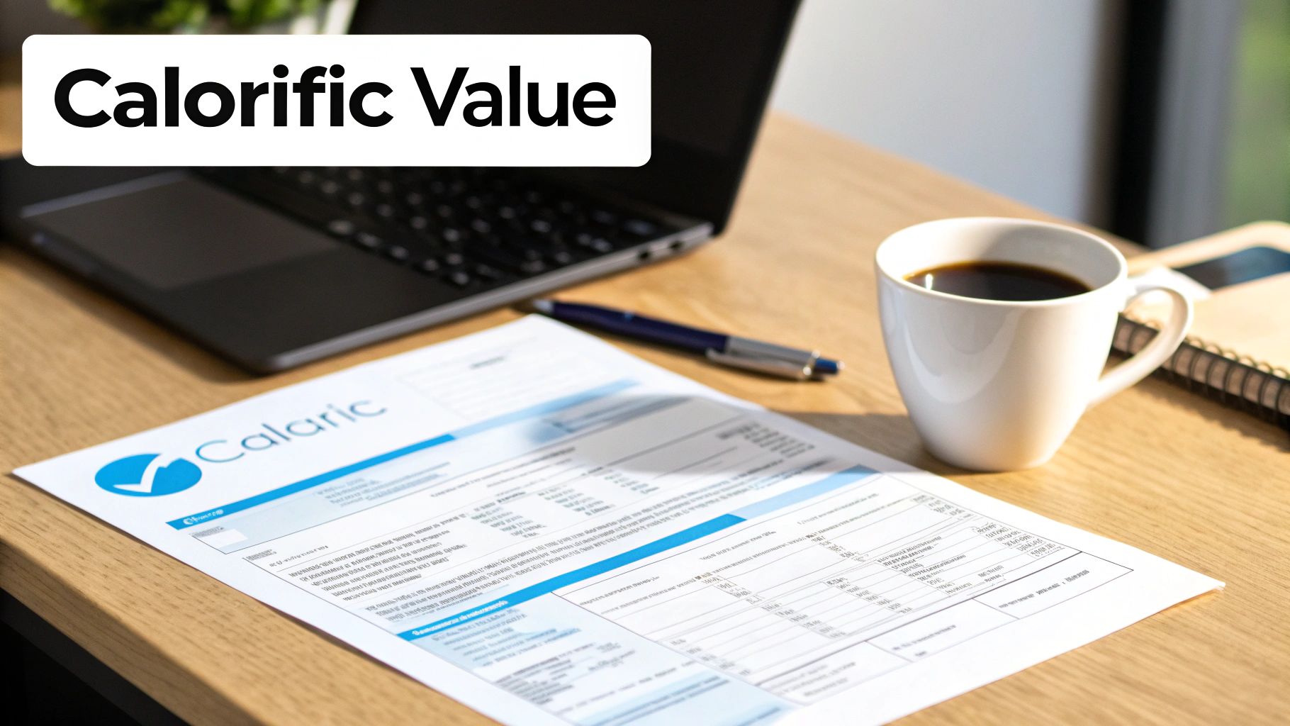 A modern workspace with a laptop, document, pen, and a cup of coffee, featuring 'Calorific Value' text.
