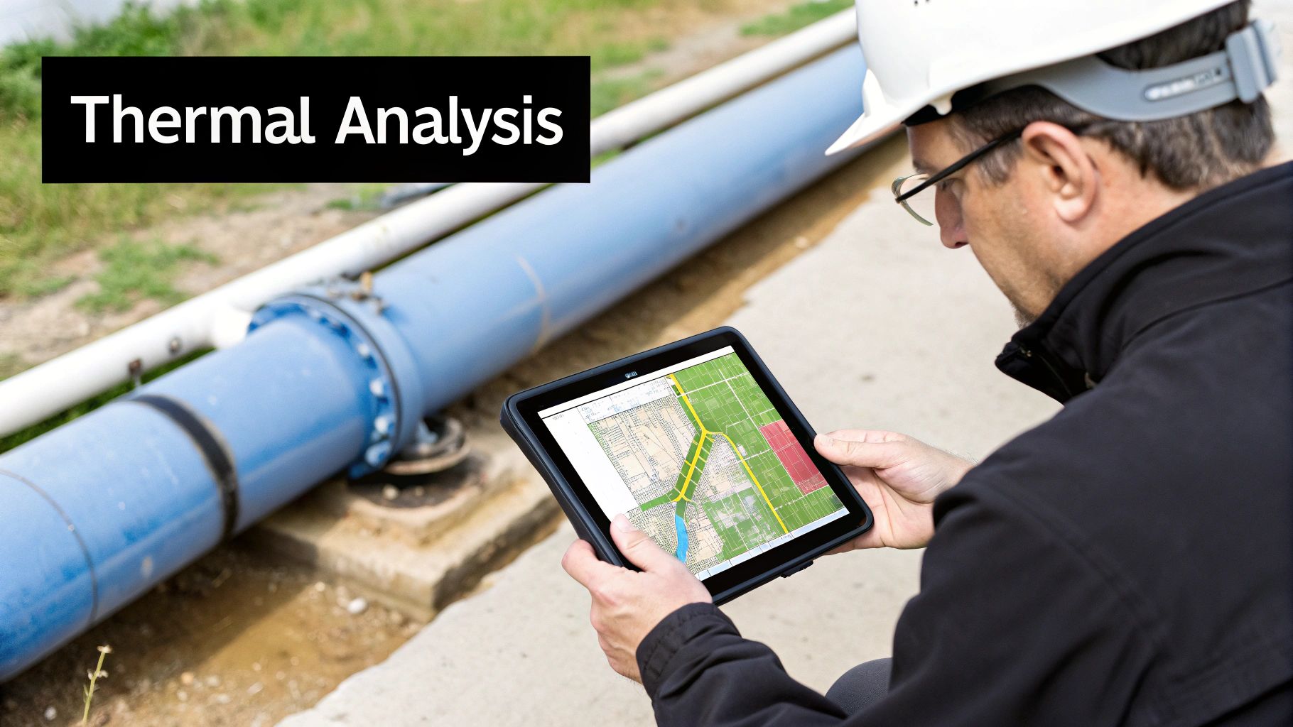 An engineer in a hard hat views a digital map on a tablet next to large industrial pipes, for thermal analysis.