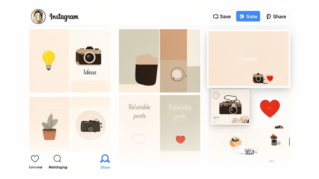 A minimalist Instagram feed design concept displaying illustrated posts with cameras, a lightbulb, a plant, and hearts.