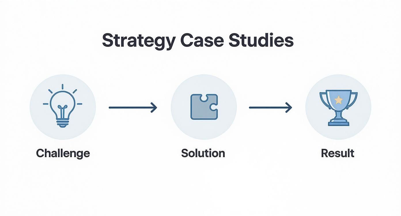 Infographic showing a process flow from challenge, to solution, to a successful result.